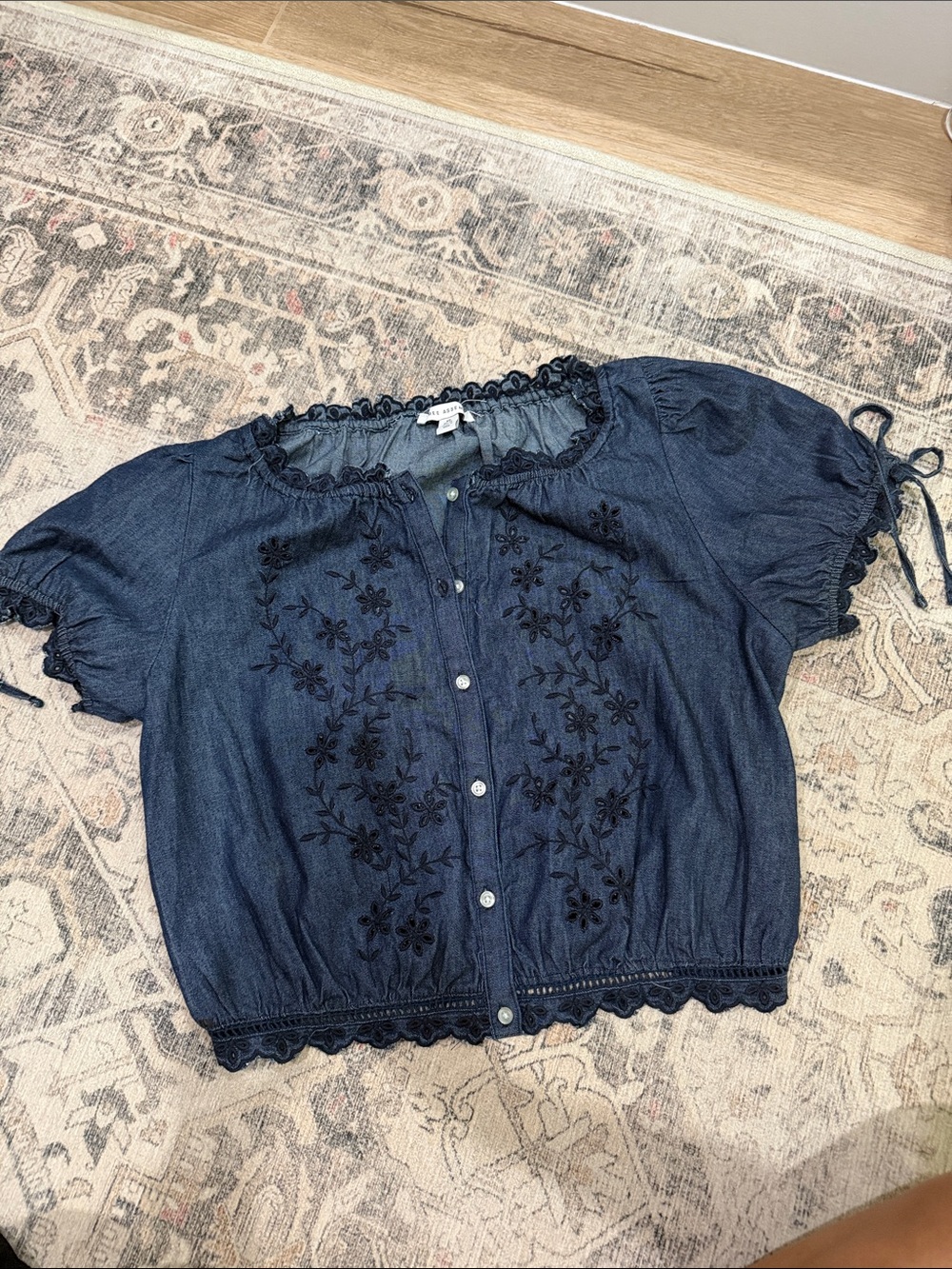 Denim Blue Embroidered Short-Sleeve Button Front Top